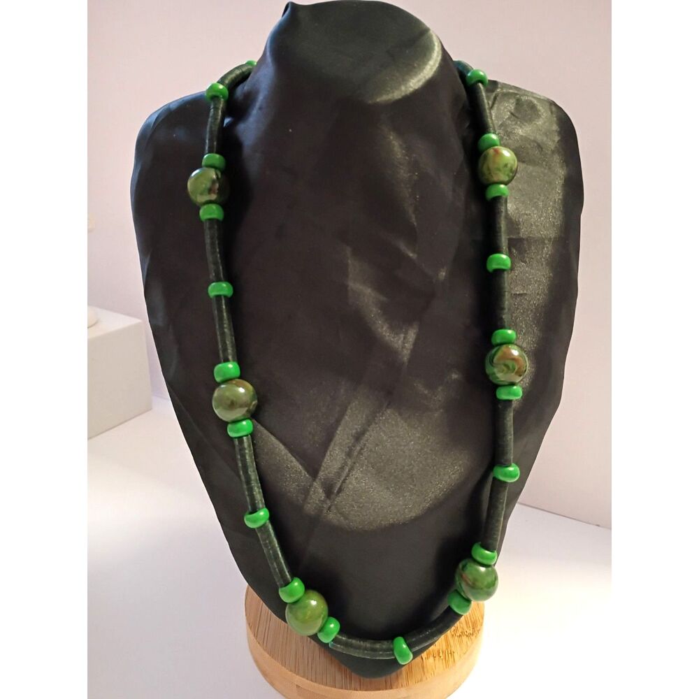 Vintage Necklace of Green Marbled Resin Beads, Sequins and Small Glass spacers